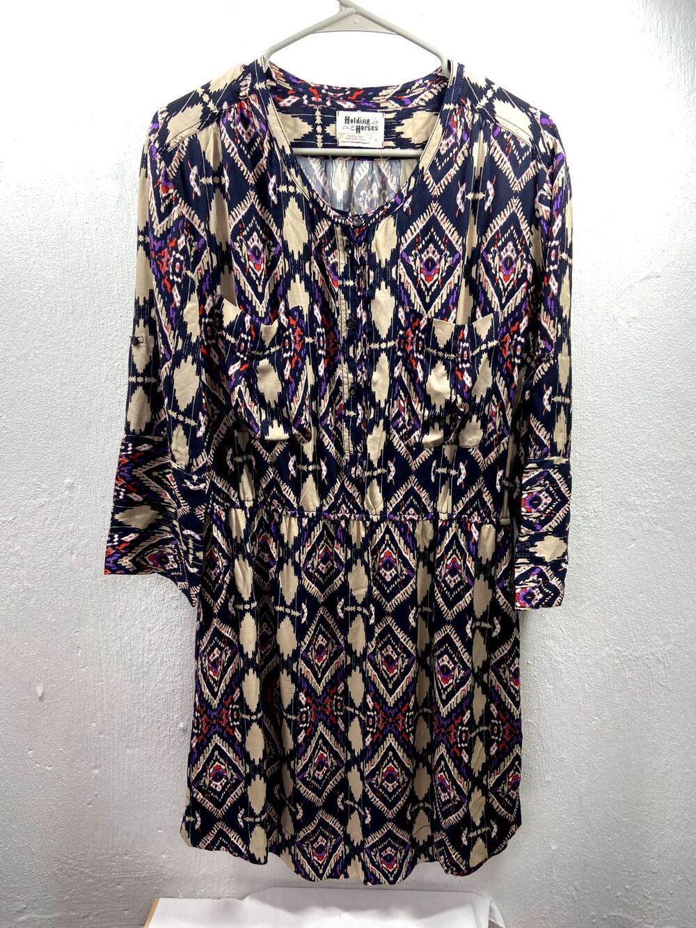 HOLDING HORSES WOMENS 12 AZTEC PRINT ELASTIC WAIST DRESS SIDE POCKETS